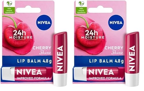NIVEA Cherry Shine Lip Balm (4.8g), Flavoured Lip Balm with Shea Butter, Natural Oils and Vitamins, Provides 24h Moisture and a Soft Red Shine, Vegan Lip Care Formula (Pack of 2)