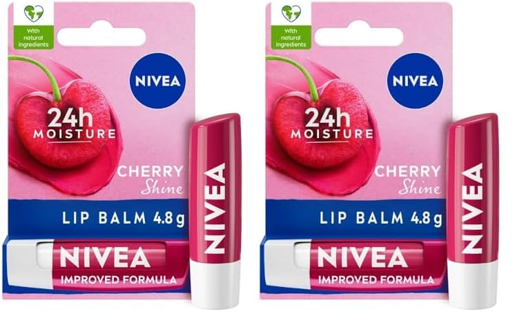 NIVEA Cherry Shine Lip Balm (4.8g), Flavoured Lip Balm with Shea Butter, Natural Oils and Vitamins, Provides 24h Moisture and a Soft Red Shine, Vegan Lip Care Formula (Pack of 2) - Cherry - 1 count (Pack of 2)