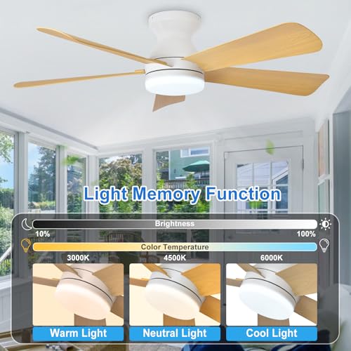Image of Depuley 42-Inch Ceiling Fans with Lights: Indoor /Outdoor Flush Mount Ceiling Fan with Remote Control - Wood 5 Blade Low Profile Fandelier for Kitchen Gazebo - Reversible Quiet Timer - 2 Packs