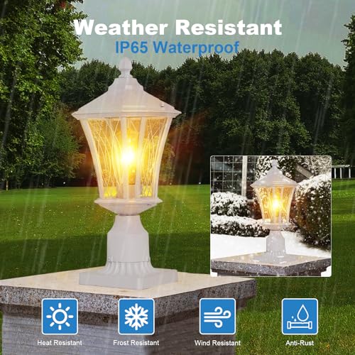 Outdoor Post Light for Pathway Courtyard Lawn Road, Pier Mount Outdoor Lighting, Waterproof White Pole Lamp Light Pillar Lantern with 3" Pier Mount Base, Aluminum Fence Frame, Glass Shade