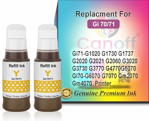 Image of CANOFF High Yield Refill Ink Bottle GI-70 /71 | Premium Dye-Based Black Ink for Ink Tank Printers | Smudge-Free, Quick Dry & Vivid Print Quality | Compatible Refill Ink (70ml Each) (Gi-70 /71 Yellow)