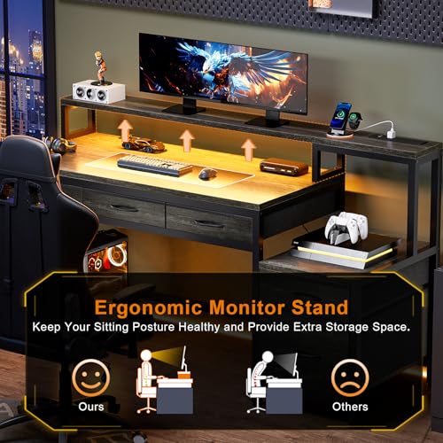 Image of REAHOME 61 Inch Gaming Desk with Charging Station and LED Lights, Reversible Computer Desk with Storage Drawer and Monitor Stand, Modern Desk Table with File Cabinet & Side Pocket, Grey Oak