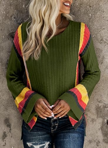 Image of Dokotoo Womens 2026 Spring Summer Casual Crewneck 3 /4 Sleeve Striped Lightweight Knit Trendy Boho Tops Pullover Sweaters