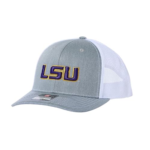 USCAPE LSU Tigers NCAA Licensed Richardson 112 Trucker Snapback Hat for Men - Stylish Mesh Back, Casual Caps, Comfortable Fit, Heather Grey/White