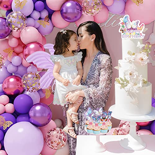 112Pcs Butterfly Decorations, Pink Butterfly Birthday Decorations Include Butterfly Balloon, Cake&Cupcake Toppers, Hollow Butterfly, Heart Balloon, Background, Tablecloth, Party Decorations For Kids #TOP6