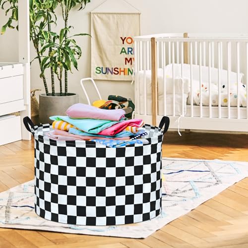 Image of Checkered Storage Basket Extra Large 80L Kids Hamper Baby Laundry Basket Waterproof Toys Car Organizer Collapsible Canvas for Home /Dorm /Pet /Office /Closet /Shelf /Gift Baskets