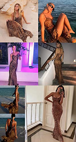 Image of Suillty Women Mesh Sheer Spaghetti Strap Long Maxi Dress Sexy Sleeveless Backless Beach Swimsuit Cover Ups Party Club Dresses