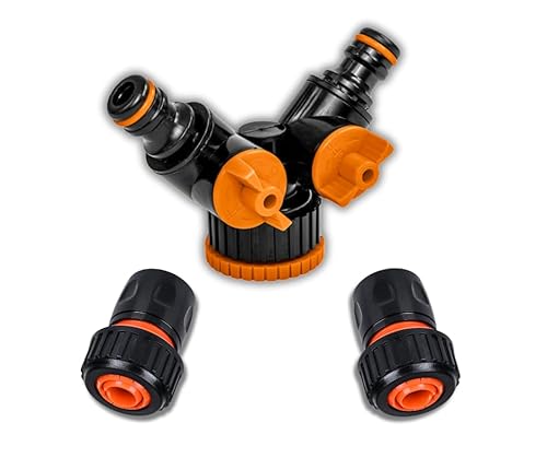 ABAZO Distribuidor universal de 2 vías, adaptador de grifo para manguera de jardín, adaptador de manguera de grifo, grifo con conector rápido, conexión de grifo de jardín de 3/4" y 1" (conexiones