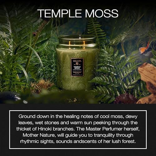 Image of Voluspa Temple Moss, Two Wick Luxe Candle Jar, 44 oz, Coconut Wax Blend, Scented Candles for Home, 140 Hour Burn Time, Handcrafted in the USA