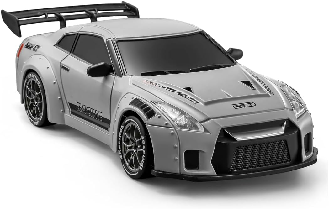RC Drift Car, 1:24 Scale Remote Control Vehicle with LED Lights, 2.4GHz 20KM/H 4WD High Speed RC Cars, Drifting Tires＆Two Batteries. (GTR-Gray)
