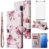 Asuwish Compatible with Samsung Galaxy S9 Plus Wallet Case Tempered Glass Screen Protector Leather Flip Cover Card Holder Kickstand Stand Phone Cases for Glaxay S9+ 9S 9+ S 9 9plus S9plus Rose Gold