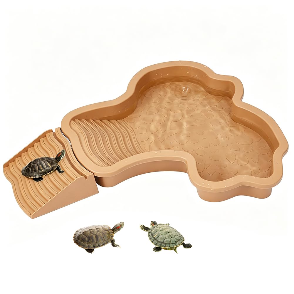 HOBBIESAY Reptile Bathing Pool with Ramp and Climbing Stairs 26.7x28x4.2cm Large Tortoise Food Water Dish Reptile Feeding Bowl Aquarium Ornament for Lizards, Geckos, Snakes, Bearded Dragons