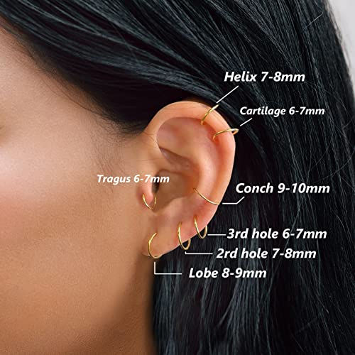 Flyearth 4 Pairs Handmade 925 Sterling Silver Nose Rings Hoop Earrings For Women 18K Gold Hoops Set For Cartilage Tragus Septum Helix Thin Multiple Piercing Jewelry 6Mm 7Mm 8Mm 9Mm #TOP4