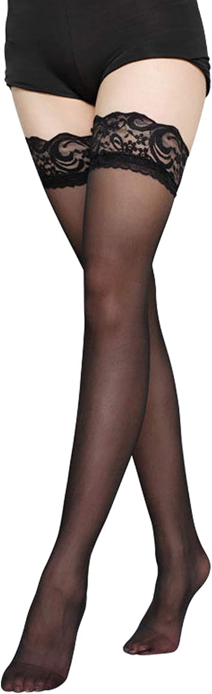 Tolnecty Women's Black Sexy Thigh High Stockings Silicone Lace Top Silky Semi Sheer Pantyhose For