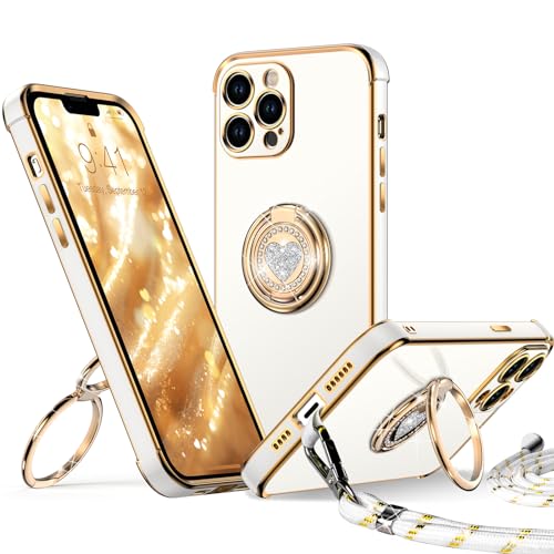 Image of XYZ for iPhone 13 Pro Back Cover Case, for iPhone 13 Pro Back Cover Case with Stand, Phone Case with Double Ring Kickstand, Womens Girls Bling Luxury Protective Case Heart for iPhone 13 Pro, White