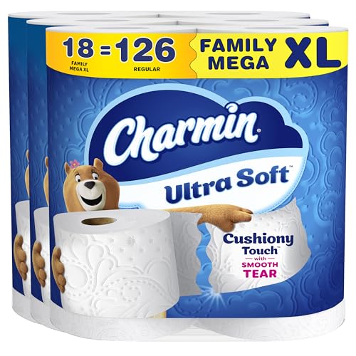 Charmin Toilet Paper Ultra Soft Cushiony Touch, 18 Family Mega XL Rolls = 126 Regular Rolls