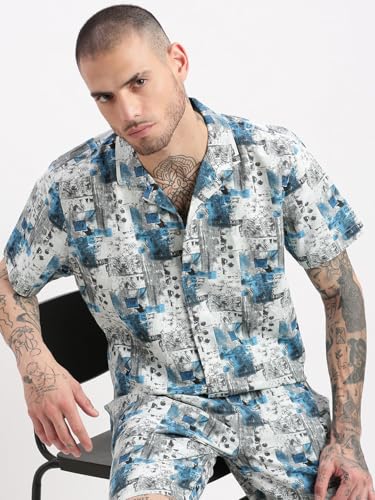 Image of SHOWOFFFF Men Abstract Two-Piece Co Ords | Cuban Collar Half Sleeves Cotton Co Ords for Mens | Mid-Rise Relaxed Fit Knee Length Co Ords for Men's
