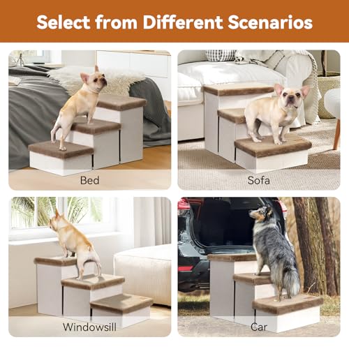 Image of Zerbuger Dog Stairs with Furry Lids 18 inch H, 3-Step Wider Dog Steps with Storage for Small /Medium /Large Old Dogs Cats, Folding Sturdy Pet Stairs Climbing Bed Couch, Ramp for Car Up to 200 lbs, Khaki