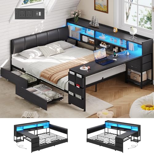 BYSAUD Full Corner Bed with Storage and Desk Full Bed Frame Corner Bed Frame with 4 Drawers 7 Bookcase 1 Side Storage Bag Upholstered Headboard LED Lights Charging Station Black