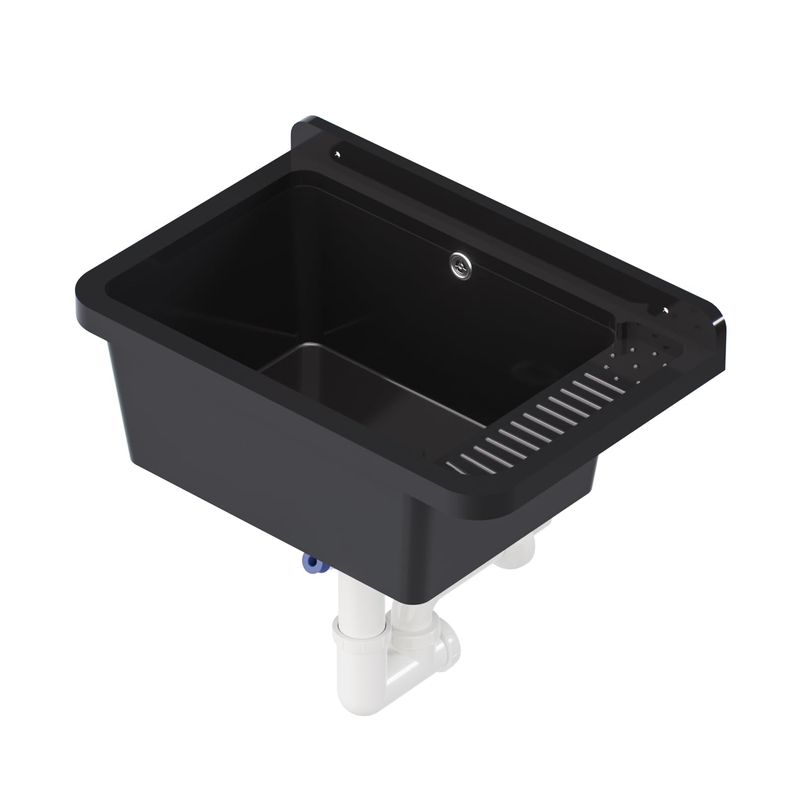 QLS Fregadero plástico 50,8x33,8 cm con sifón y kit negro | Para garaje, taller y lavadero. Resistente al calor, fácil de limpiar, interior/exterior, con kit de montaje
