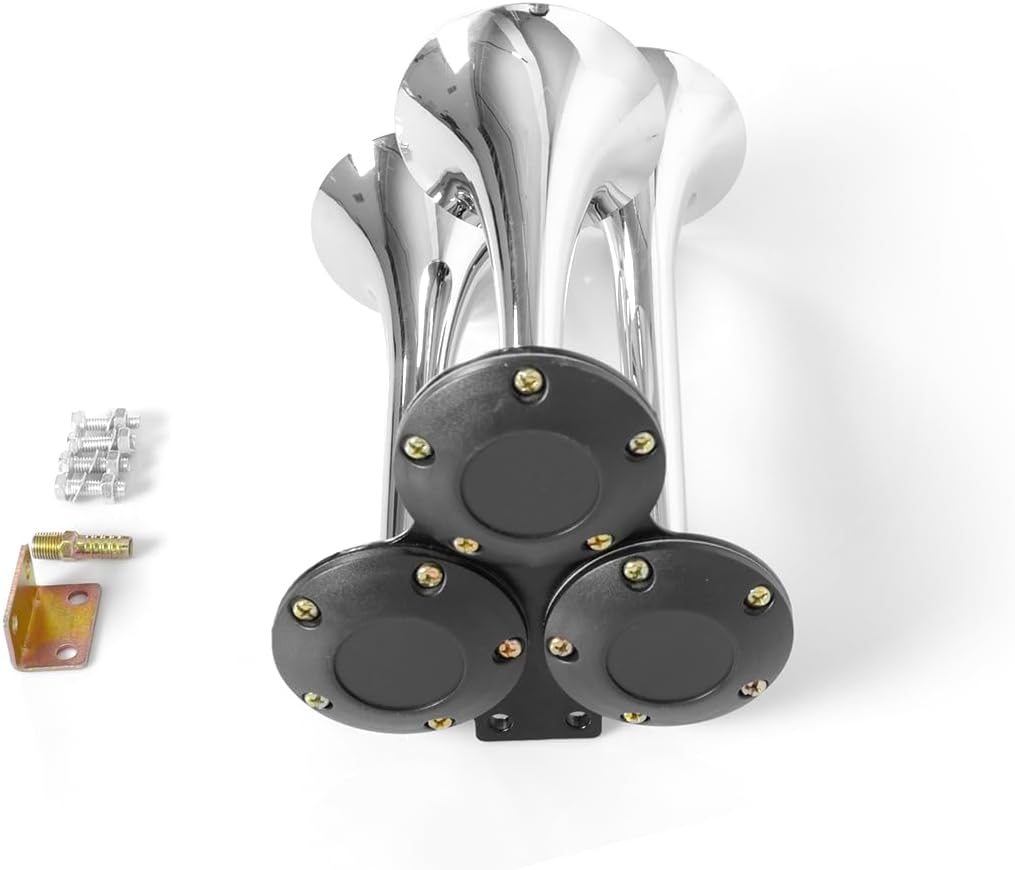 6.5/9/11.8 inch Chrome Train Horn for Truck 3 Trumpet Air Horns 150DB Train Horns for Pickup Trucks 165/230/300mm Air Horn for Truck with 12V/24V Fast Response Solenoid Fit Boat/Yachts/Jeep/Busses/etc