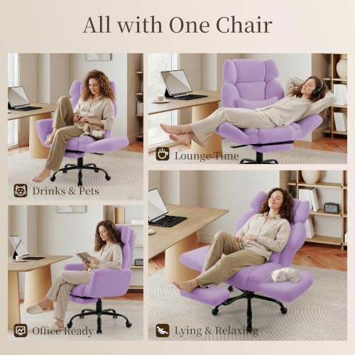 Image of Office Chair with Flip Armrests,Comfy Criss Cross Chair for Pets Sitting,Big and Tall Office Chair with Foot Rest,Extra Wide Seat & Lumbar Pillow,Ergonomic Computer Gaming Chair,Teddy Fleece,Purple