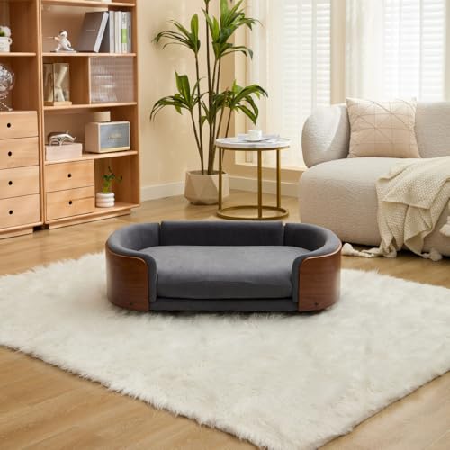 Dog Bed Scandinavian Style,Pet Sofa with Solid Wood Legs & Bent Wood Back, Velvet Cushion Dog Couch with Washable Removable Cover, Modern Pet Furniture (Dark Gray + Solid Wood + Foam,Large)