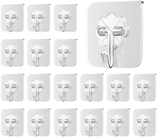 Adhesive Hooks 20 Pack,Transparent Self-Adhesive Hooks,Shower Hooks for Hanging Waterproof,Heavy-Duty Wall Hooks for Kitchen, Bathroom, Ceiling