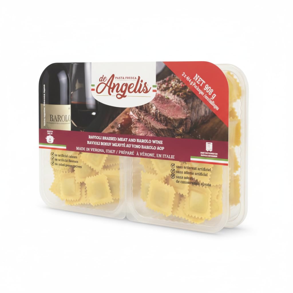 Ravioli de Pasta Fresca al Huevo con Relleno de Carne de Vacuno Estofada y Vino Barolo DOP - Pack Ahorro 908g (2x454g) - Pasta Italiana de Verona Lista en 5 Minutos - NEXU