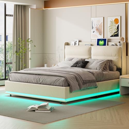 Générique Lit 160x200 Coffre, Cadre de Lit avec Sommier à Lattes, Lits Double avec LED Réglable, Lits Flottant Rembourré pour Adultes et Adolescents,...