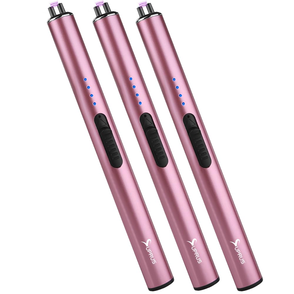 SUPRUS Electric Arc Windproof Flameless USB Rechargeable Lighter with Safety Lock for Candle Pink 3 Packs