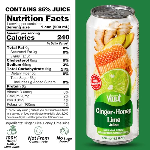 Image of VINUT Ginger, Honey & Lime Juice, 85% Juice, No Added Sugar, Not From Concentrate, 16.9 fl oz (500 mL) Can, Pack of 24