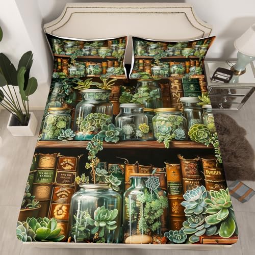 Botanical Plant Full Size Fitted Sheet,Vintage Brown Bookshelf Magical Books 3 Pieces Kids Teenager Room Decor Natural Green Leaves Potted Plants Pocket 2 Pillowcases