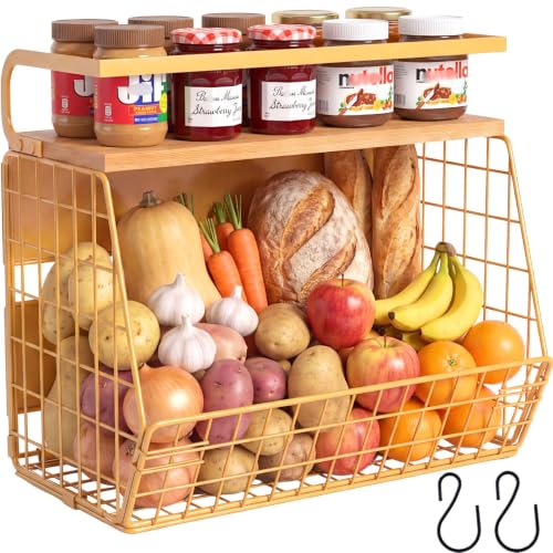 Image of Magnetic Shelf for Fridge with Wood Lid, Fruit Potato and Onion Storage Bins, Pantry Organizers & Storage, Large Container Magnetic Spice Rack for Refrigerator, Kitchen Counter, Cabinet (Yellow, 1)