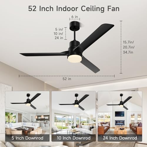 alescu Ceiling Fans with Lights and Remote,52”Black Indoor and Outdoor Ceiling Fan,Modern Ceiling Fans with Reversible DC Motor for Patio Living Room, Bedroom - Thumbnail 3