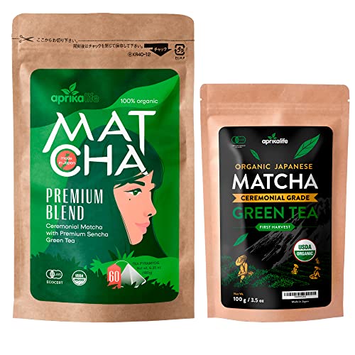 Japanese Matcha Bundle - 100G Ceremonial Matcha Powder + 180G Premium Matcha Green Tea (60 Bags) By Aprika Life #TOP13