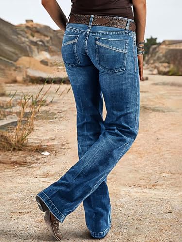 Flamingals Women's Boho Bootcut Mid Rise Jeans Distressed Stitch Detail High Stretch Denim Pants Without Belt2