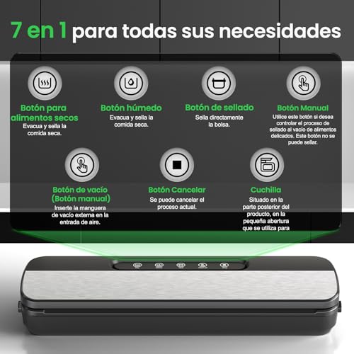 Envasadora al Vacío, 7 en 1 Envasadora al Vacio Domestica, Para Seco/Húmedo/Conservas, con 10 Bolsas de Vacío, Cortador y Manguera de Extracción - imagen 2