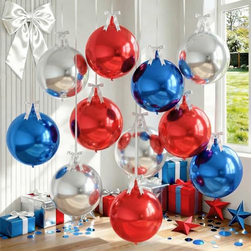 Image of 9 Pcs Red Blue Silver Round Foil Balloons Red Royal Navy Blue Metallic Silver Chrome 4D Ball Mylar Balloons for 4th of July Birthday Anniversary Patriotic American Flag Graduation Party Decor