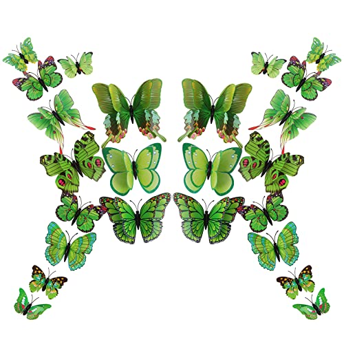 Fililogor 24 pièces 3D papillon décoration murale, double couche stéréo, autocollant, amovible, idéal pour décoration de fête, maison, chambre (vert)