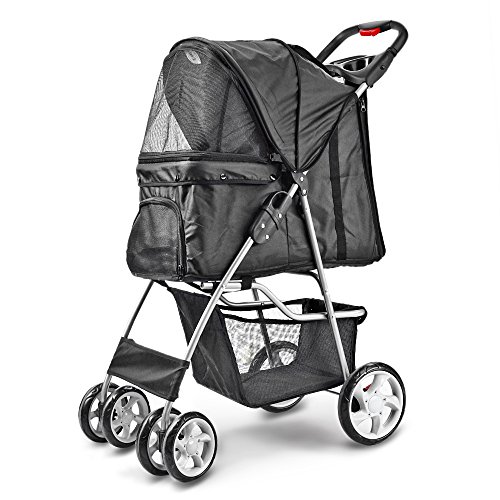 Flexzion Pet Stroller (Black) Dog Cat Small Animals Carrier Cage 4 Wheels Folding