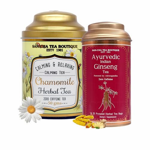 Image of Sancha Tea Boutique, Tea Combo Pack: Chamomile Flower, 50g & Indian Ginseng /Ashwagandha Teas (25 Pyramid Bags), Caffeine Free Herbal Tisanes