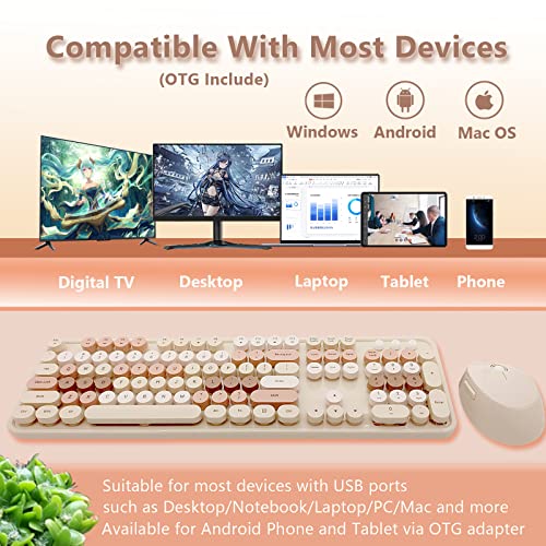Image of Wireless Keyboard and Mouse Combo, Ergonomic Cute Retro Typewriter Full Size Colorful USB Cordless Keyboard Mouse Set for Gaming and Office (Milk Tea)