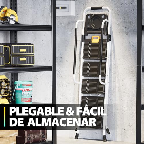 Miniatura 7 de Kingrack Escalera Plegable 5 Peldaños, Carga Hasta 150 Kg, Con Bloqueo De Seguridad, Pedales Anchos Antideslizantes, Pasamanos, Bandeja De Herramientas Escalera Doméstica Hogar Oficina Armarios Blanco