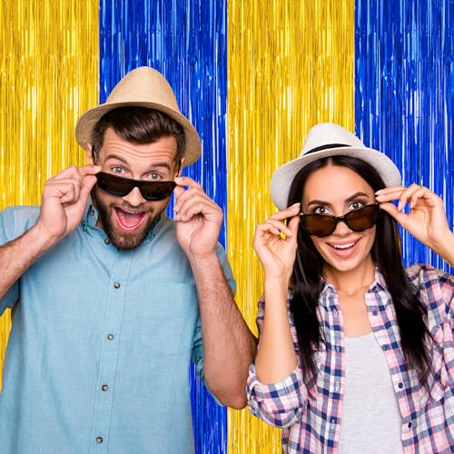 Image of ZATAYE 2 Pack Blue Gold New Years Eve Foil Curtain Streamer Decorations | Blue Gold, Metallic Foil, 3.28 x 7.05 FT, Tinsel Backdrop, Foil Curtain Streamer, New Years Eve Party
