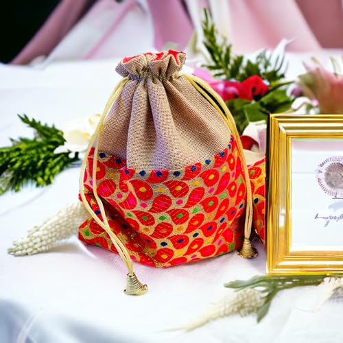 Image of KRIWIN Pack of 20 pcs Big Size Brocade & Jute Potli Gift Bags (23 X 18 cm) Red & Beigeb 500 gr capacity