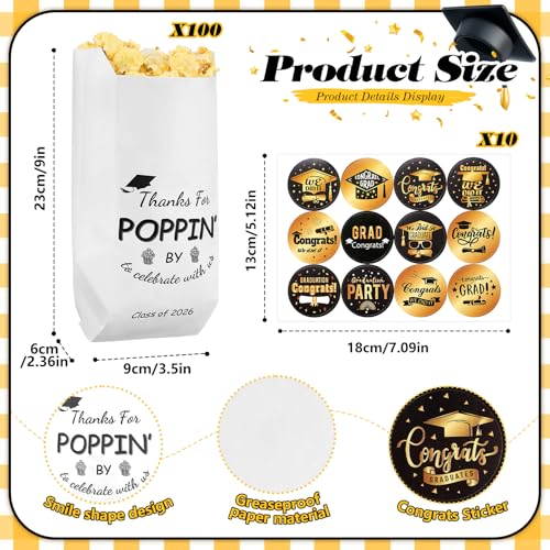 Image of 100 Pcs Class of 2026 Graduation Popcorn Bags with Stickers Thanks for Popping by Popcorn Bags to Celebrate Smile Style Grease Resistant Snack Treat Paper Individual Servings for Party Favors(Black)