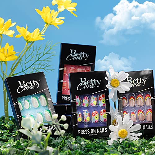 Holographic Nude Press On Nails, Bettycora Short Almond Press Nails 12 Sizes 24 Pcs Fake False Nail Kit With Nail Glue,Glitter Aurora Nails #TOP4