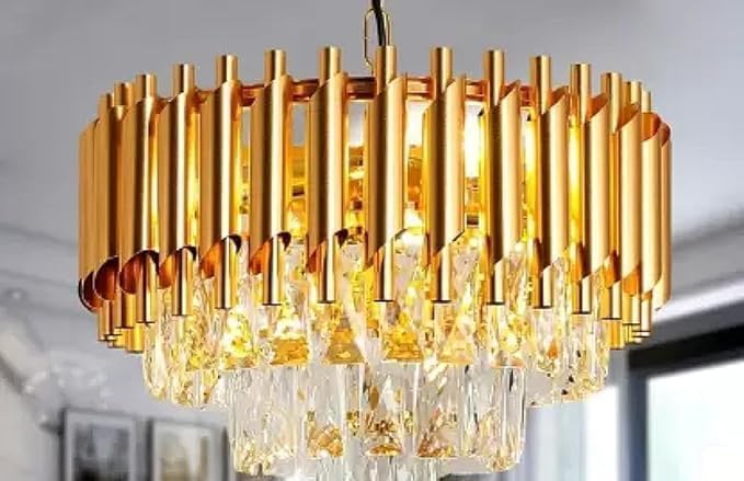 Image of Modern Ceiling Lamp 2-Tier Round Crystal Chandelier for Living Room | Modern Ceiling Light Jhumar for Hall for Home Decoration + 3 Color LED Light (Full Gold, 300 MM)