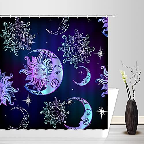 GCTNBJL Sun Moon Shower Curtain Purple Blue Burning Sun Moon Stars Mandala Celestial Fantasy Universe Starry Sky Galaxy Boho Medallion Mystic Chic Art Bathroom Fabric Decor Shower Curtain with Hooks